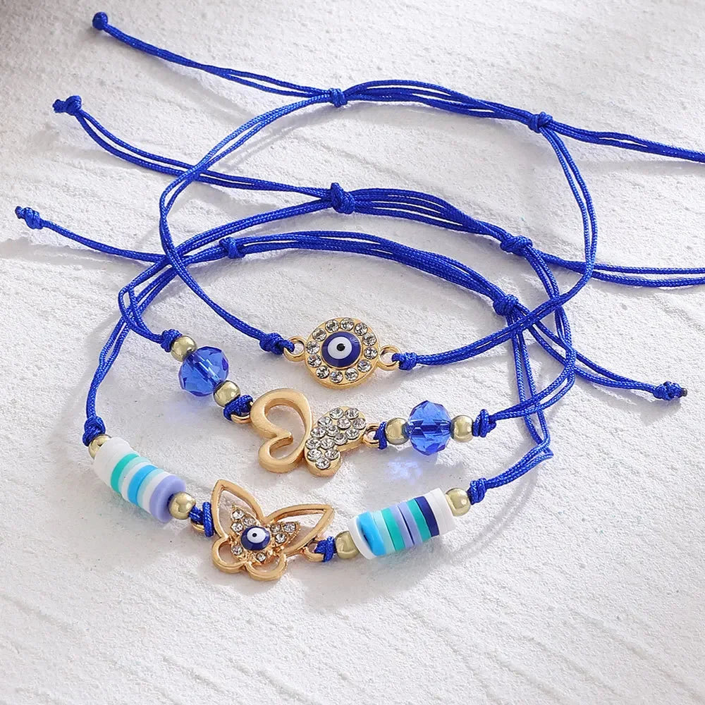 3 Stück türkische böse Blick Palm Schmetterling Armbänder für Männer Frauen Glücksaugen Perle runde gewebte Kette Armbänder Schmuck Geschenk