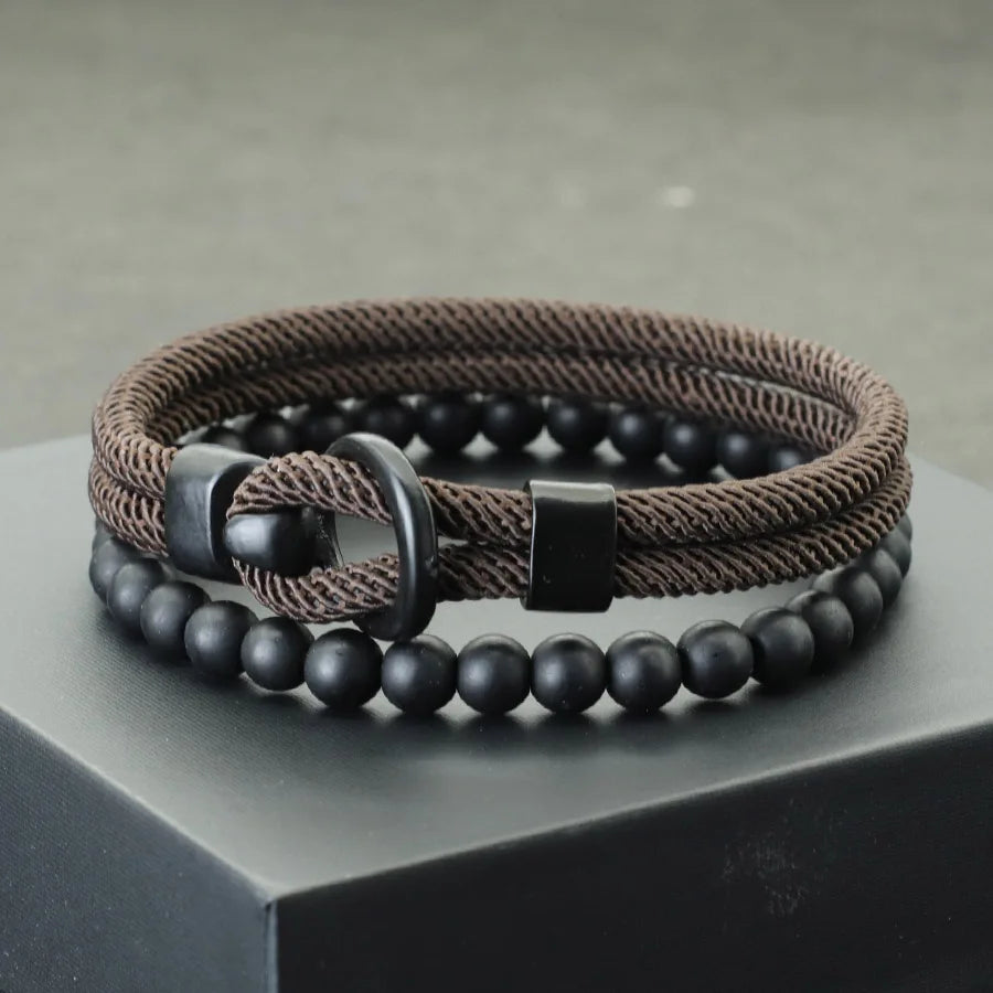 Noter Neue 2 Teile/satz Männer Armband Set Doppel Schicht Seil Nautischen Armband 6mm Schwarz Onyx Stein Armband Freizeit Zubehör pulseria
