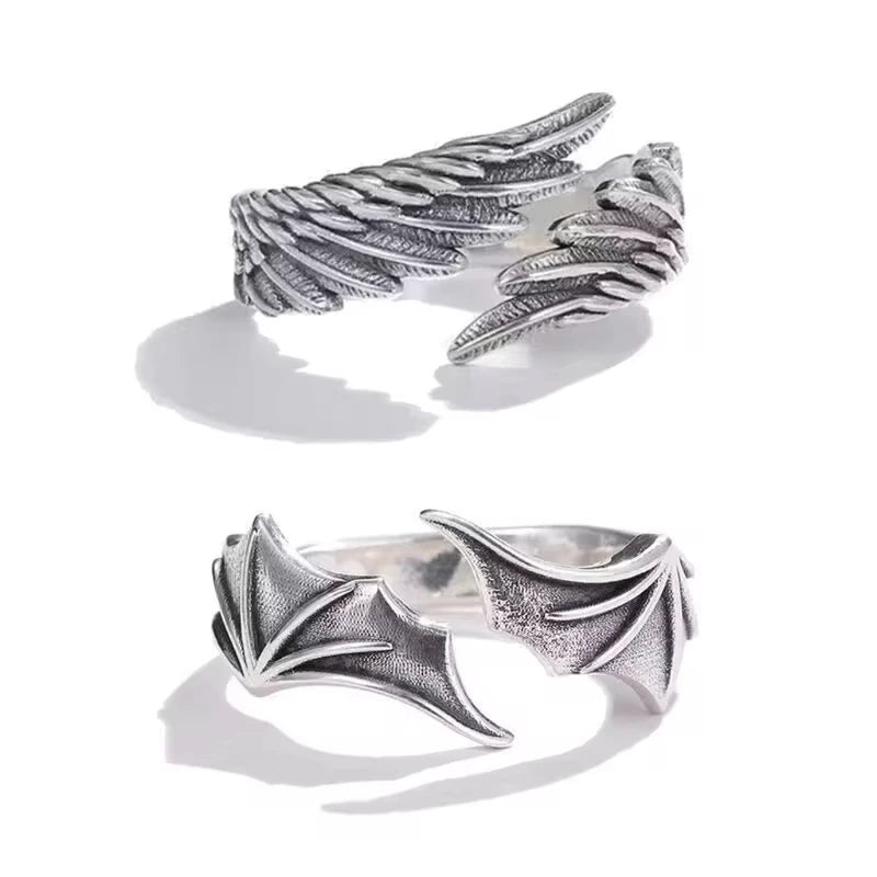 FTCY 2 Stück Vintage Engel Teufelsflügel Verstellbare Ringe für Männer Frauen Hip Hop Retro Silber Farbe Paare Ringe Party Geschenke Schmuck