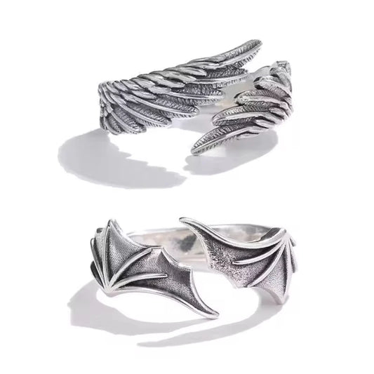 FTCY 2 Stück Vintage Engel Teufelsflügel Verstellbare Ringe für Männer Frauen Hip Hop Retro Silber Farbe Paare Ringe Party Geschenke Schmuck