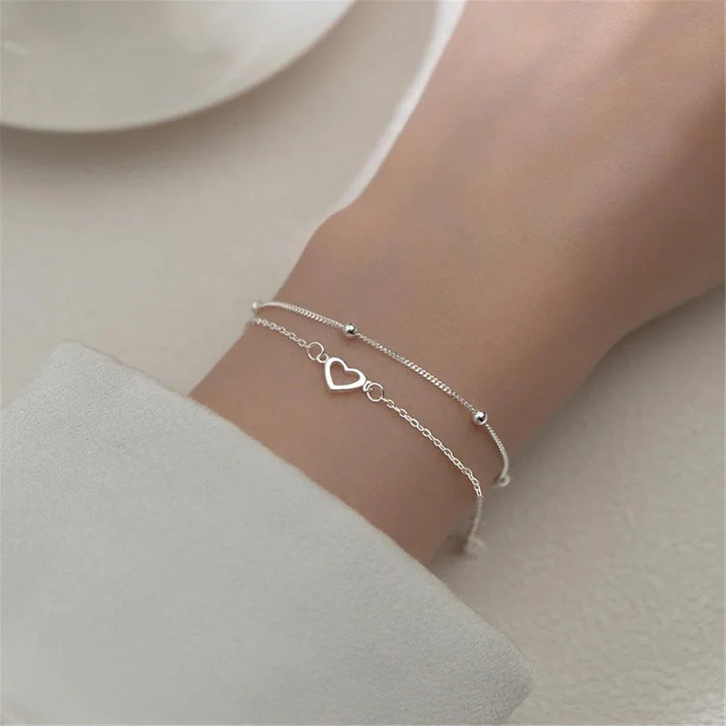 Runde Perle, hohles Liebesarmband, Herz, handverziert, doppeltes Design, süßes 925er Silber vergoldetes Kettenarmband für Frauen und Mädchen, Geschenke