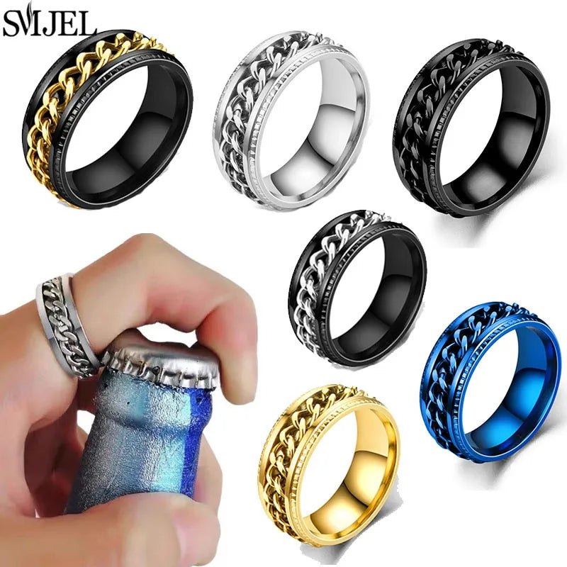 Coole Edelstahl Drehbare Kette Herren Ring Multifunktionale Mode 8mm Fidget Spinner Ringe Paar Schmuck bague homme 2025