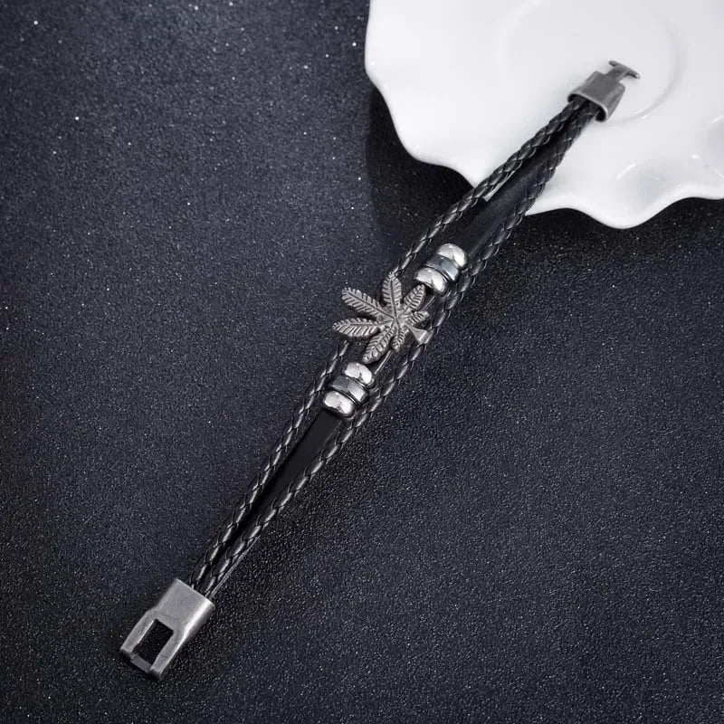 Neue Mode Punk Leder Widerstehen Müdigkeit Armband für Männer Vintage Blatt Form Charme Armreifen Geschenk für Mann Großhandel Groß