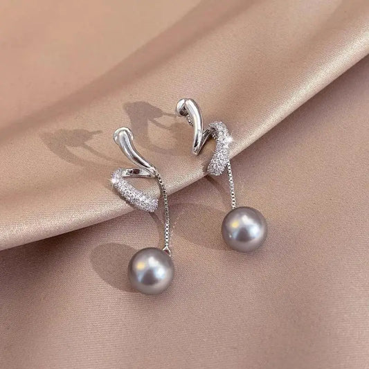 Licht Luxus Nische Design Kristall Lange Quaste Grau Perle Baumeln Ohrringe Für Frauen Mode Elegante Geometrie Schmuck Geschenke