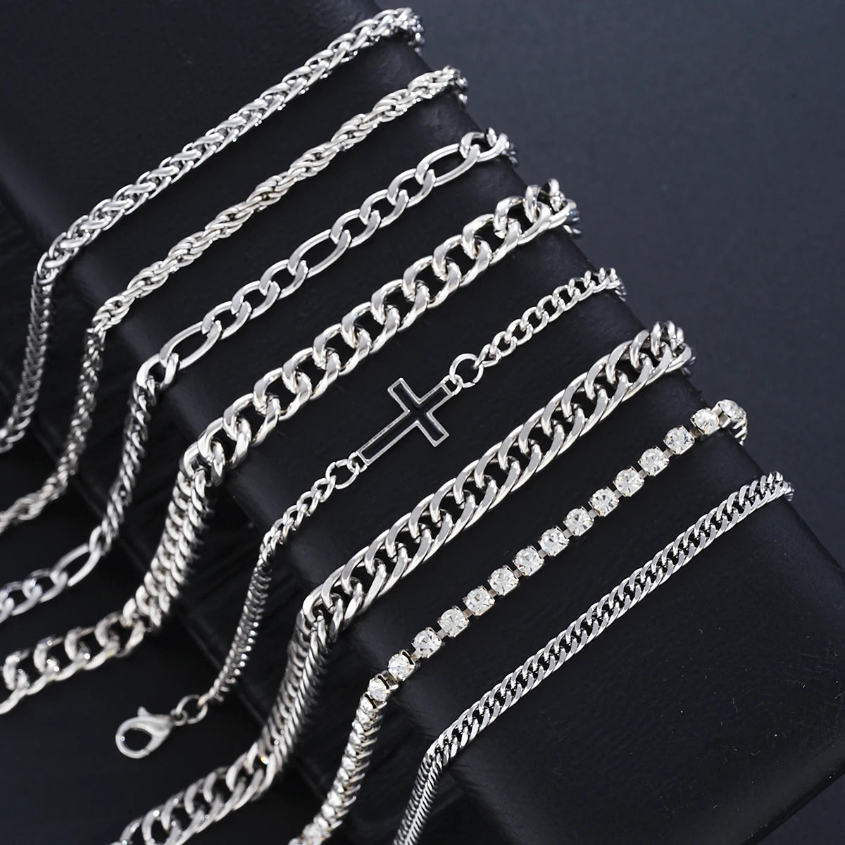 8Pcs Edelstahl Kreuz Kubanischen Armbänder Für Männer Frauen Punk Silber Farbe Kristall Twist Kette Armband Täglichen Verschleiß Mode