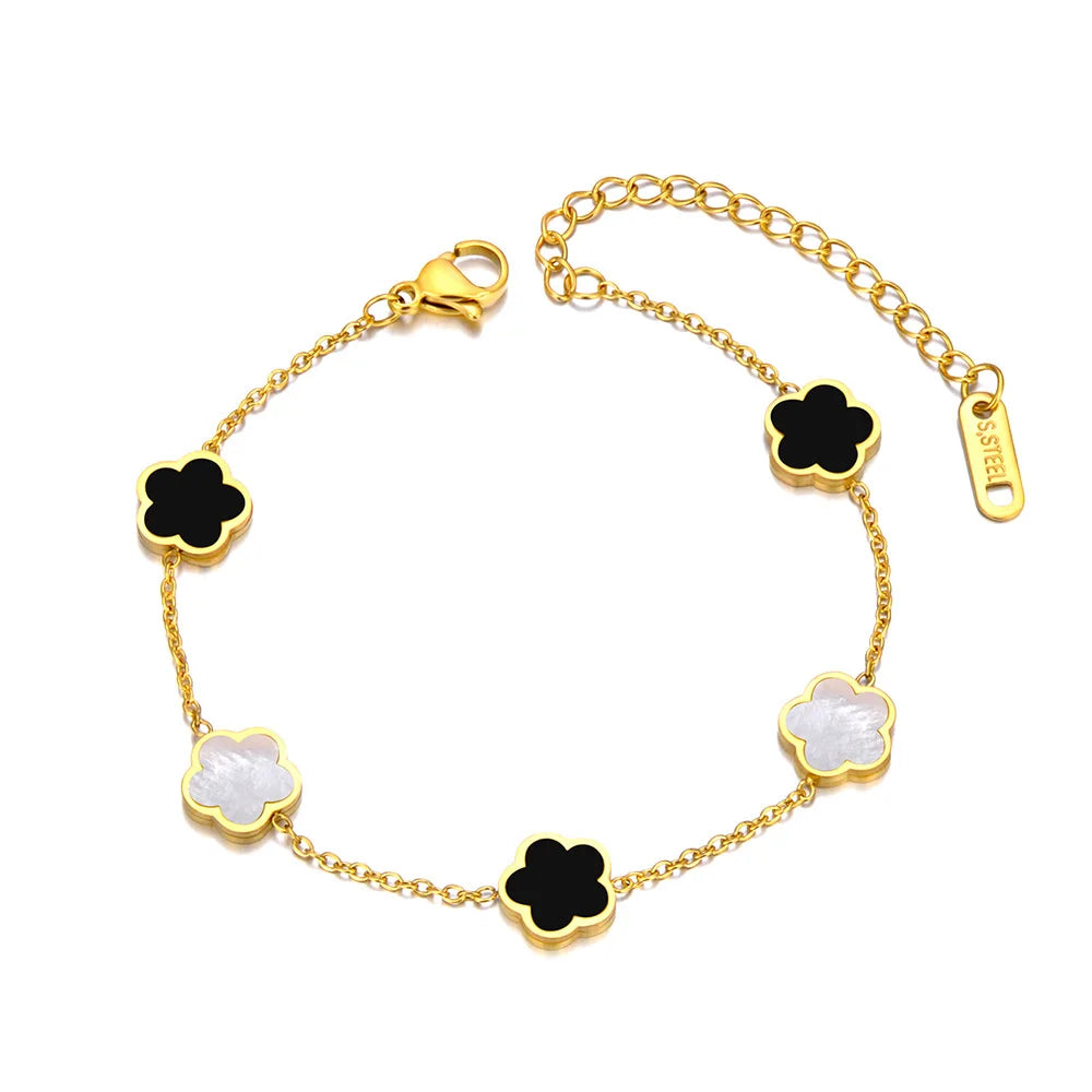 Mode Edelstahl Weiß Schwarz Grün Shell Blume Charme Armbänder Für Frauen Echt Vergoldet Kette Schmuck B23071