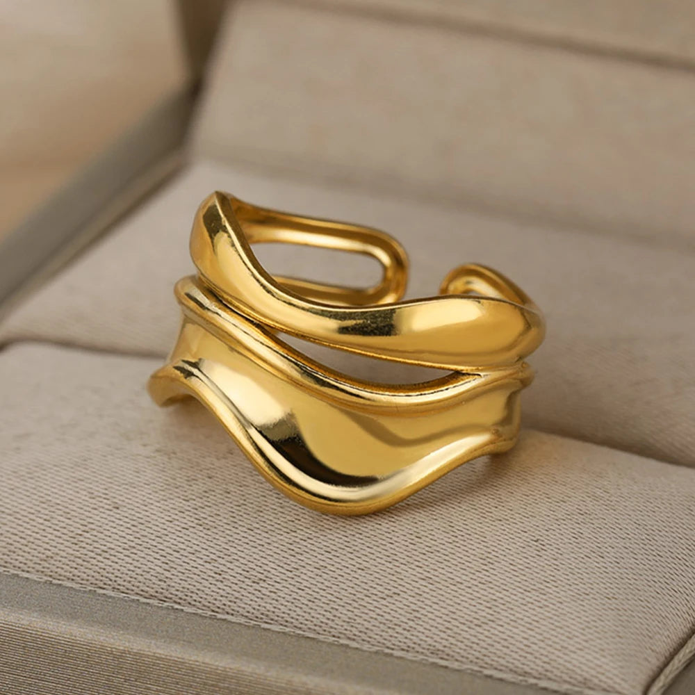 Edelstahl Ringe Für Frauen Männer Gold Farbe Hohl Weit Offenen Ring Weiblich Männlich Mode Hochzeit Party Finger Schmuck Geschenk 2024