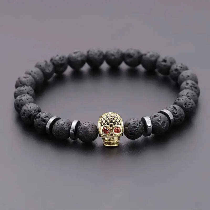 Schwarzes Auge Totenkopf Hämatit Perlenarmband Männer klassische handgemachte 8mm Lavastein Charm Armband für Männer Schmuck Geschenk