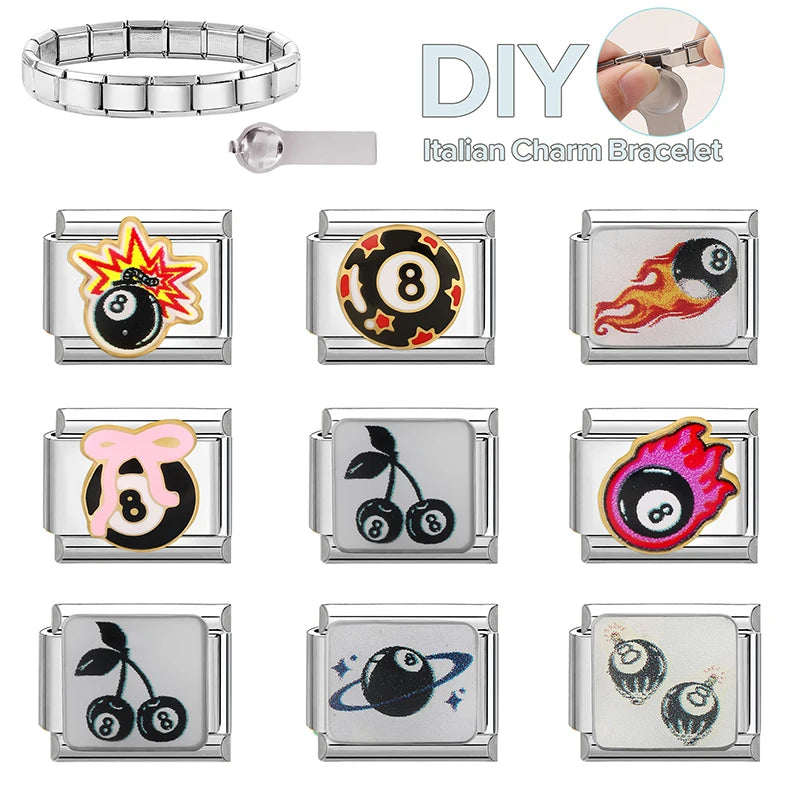 Schwarz Nr. 8 Kugelbombe Schleife Kirsche Planet Feuer DIY italienischer Charm Link Fit 9mm Edelstahl Armband Männer Frauen Mode Geschenke
