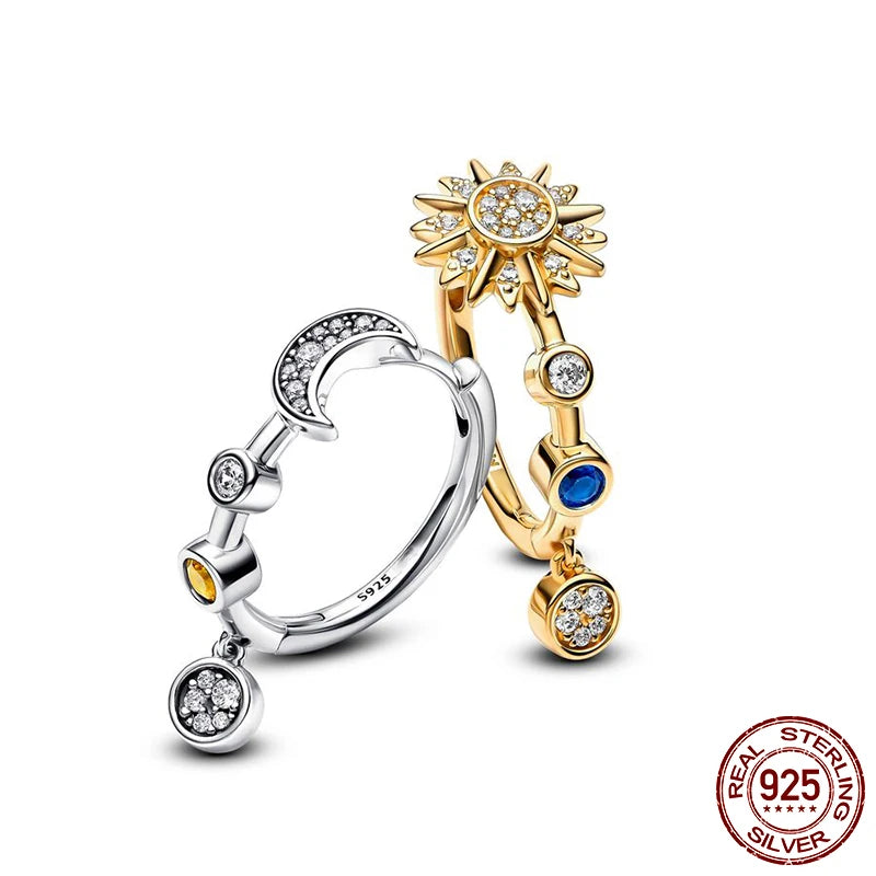 Leuchtende Muschel-Ohrringe für Damen, Original-Ohrringe aus 925er-Sterlingsilber, Pavé-CZ-Stern, Mond, Creolen, Verlobung, Hochzeit, Schmuck