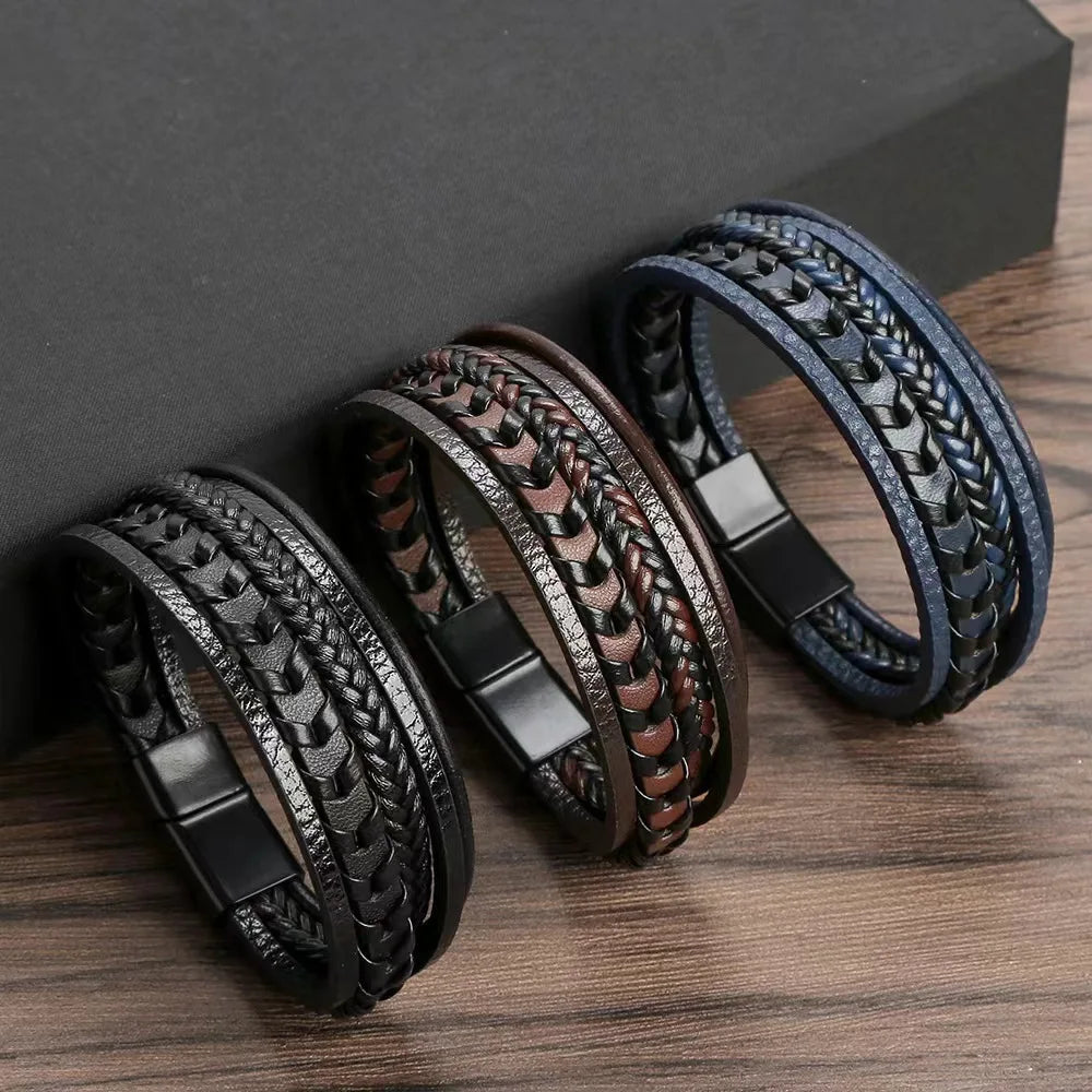 1PC Trendy männer Zubehör Legierung Magnetische Schnalle Multi schicht Retro Leder Seil Geflochtene Armband Armband Mode Dressing