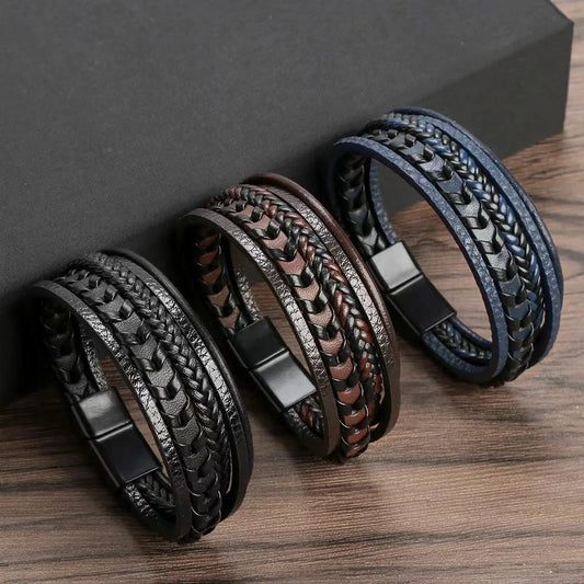 1PC Trendy männer Zubehör Legierung Magnetische Schnalle Multi schicht Retro Leder Seil Geflochtene Armband Armband Mode Dressing