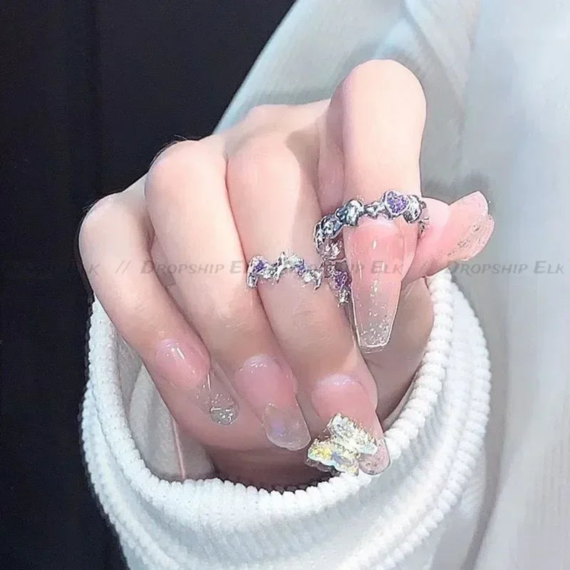 Kpop Rosa Zirkon Herz Offener Ring für Frauen Mädchen Luxus Stern Herz Paar Fingerringe Hochzeit Y2K Party Schmuck Geschenk