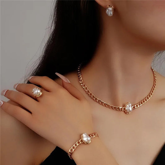 Gold Farbe Unregelmäßige Perle Offene Ringe Ohrringe Armband Halskette für Frauen Übertrieben Vintage Metall Schmuck Set Geschenke