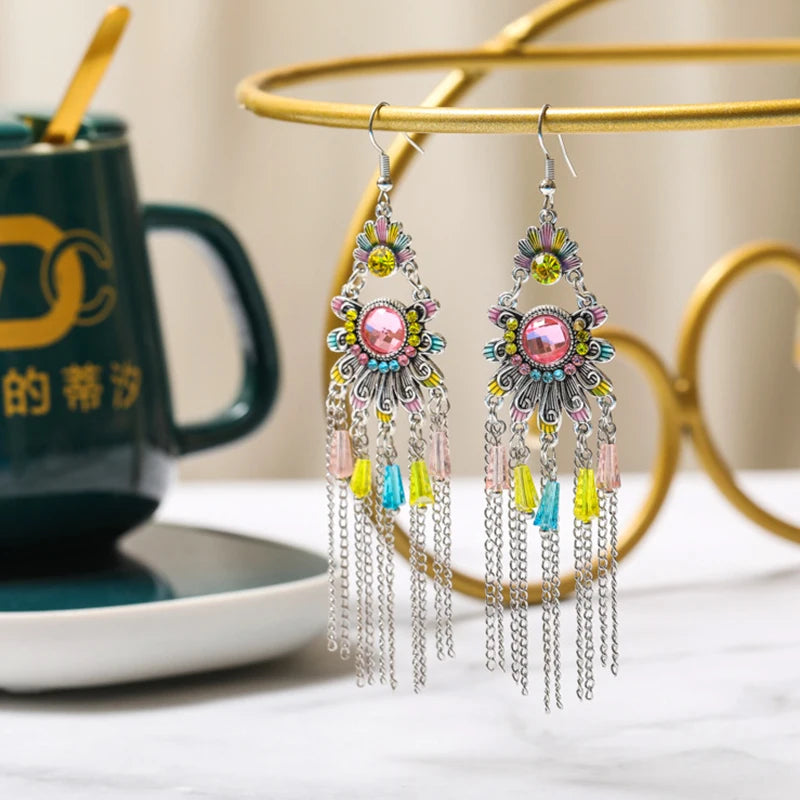 Vintage Ethnische Bunte Kristall Baumeln Ohrringe für Frauen Klassische Strand Kette Quaste Tropfen Ohrring Weibliche Pendiente Bijoux