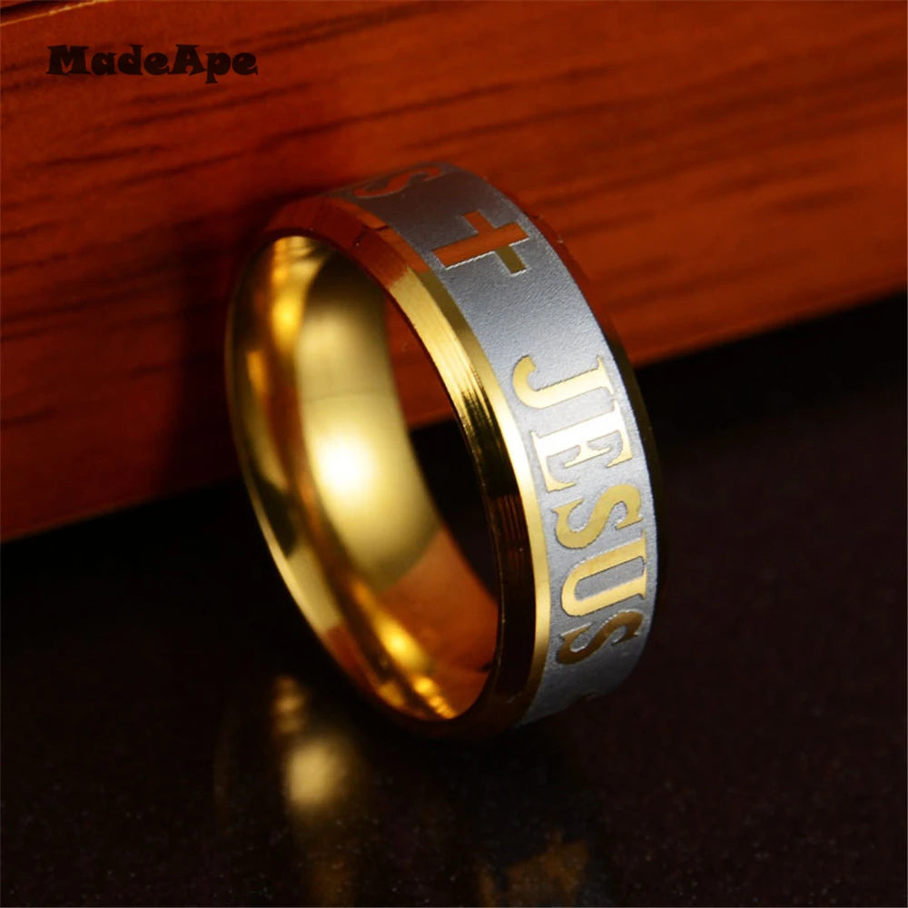 MadApe Klassischer Schmuck, 8 mm, Edelstahl, Buchstabe Bibelringe, Schwarz, Silber, Farbe, Roségold, Band, Jesus-Kreuz-Ring für Männer und Frauen