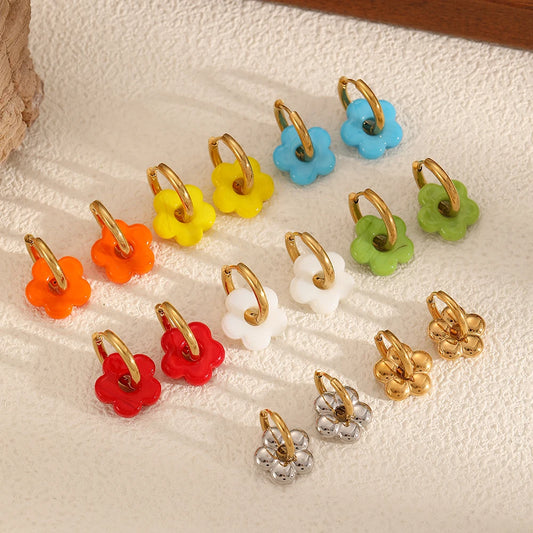 Bunte kleine Blume Edelstahl Charms Ohrring 18K vergoldet Kreis Ohr Schnalle Creolen Schmuck für Frauen