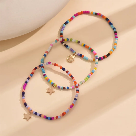 3 teile/satz Regenbogen Perlen Nette Sterne Shell Fußkettchen Für Frauen Multilayer Fuß Ketten Ankle Armband Strand Schmuck Sommer Zubehör
