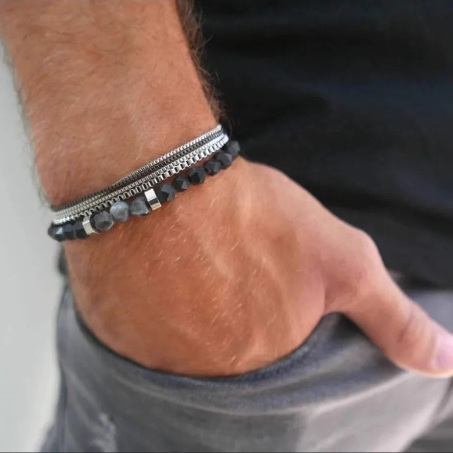 Meetvii 2PC Schwarz Abschnitt Stein Perlen Armbänder für Männer Mode Hip Hop Kette Armband Set Kombination Schmuck