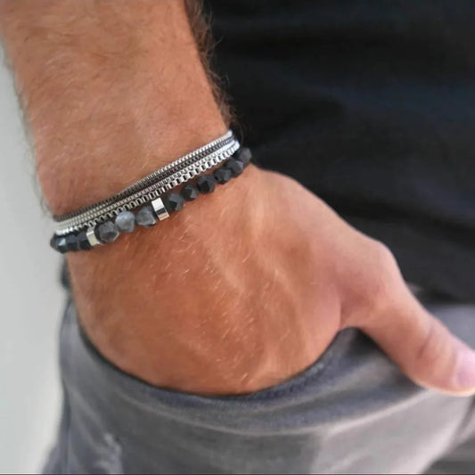 Meetvii 2PC Schwarz Abschnitt Stein Perlen Armbänder für Männer Mode Hip Hop Kette Armband Set Kombination Schmuck