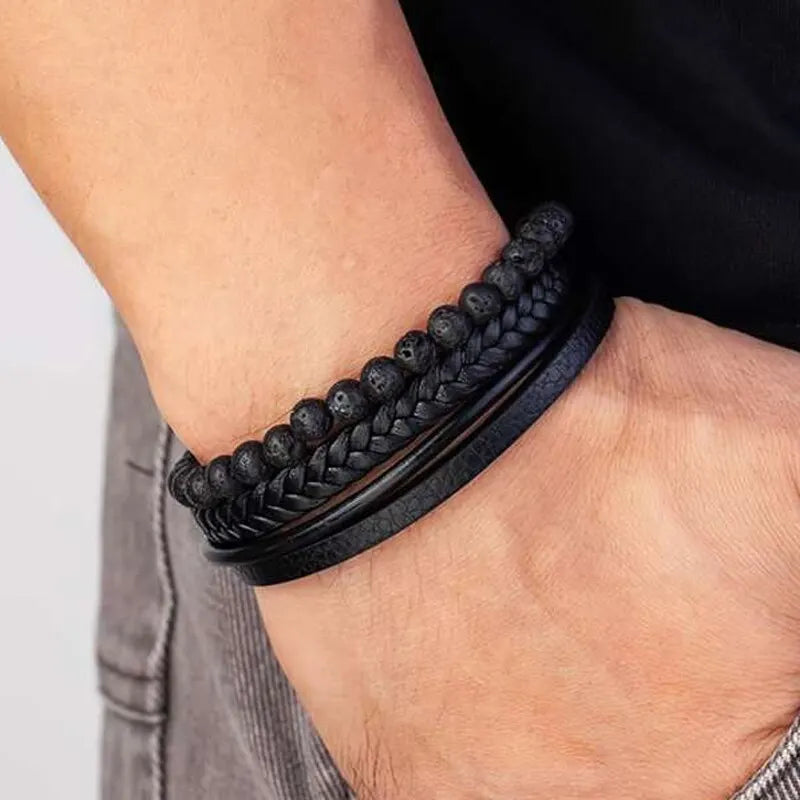 Mode Vulkanstein Perlen Armband Mutilayer Geflochtenes Leder Armband Für Männer Edelstahl Magnetische Armreif Schmuck Geschenk
