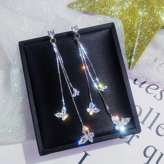 Neue Lange Kristall Quaste Schmetterling Baumeln Ohrringe für Frauen Hochzeit Tropfen Ohrring Modeschmuck Geschenke Charme Glänzende Ohrringe