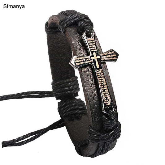 Heißer Verkauf Männer Schmuck Vintage Leder Armbänder & Armreifen Metall Kreuz Jesus Armband Einstellbare Wachs Schnur Braun Schwarz # 18044