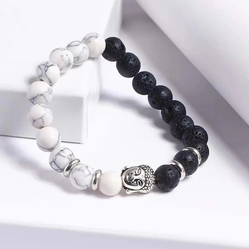 Mode Männer Buddha kopf Perlen Armband Schwarz Lava Stein Weiß türkis Perlen Charme Armbänder & Armreifen Für Männer Zubehör Geschenk