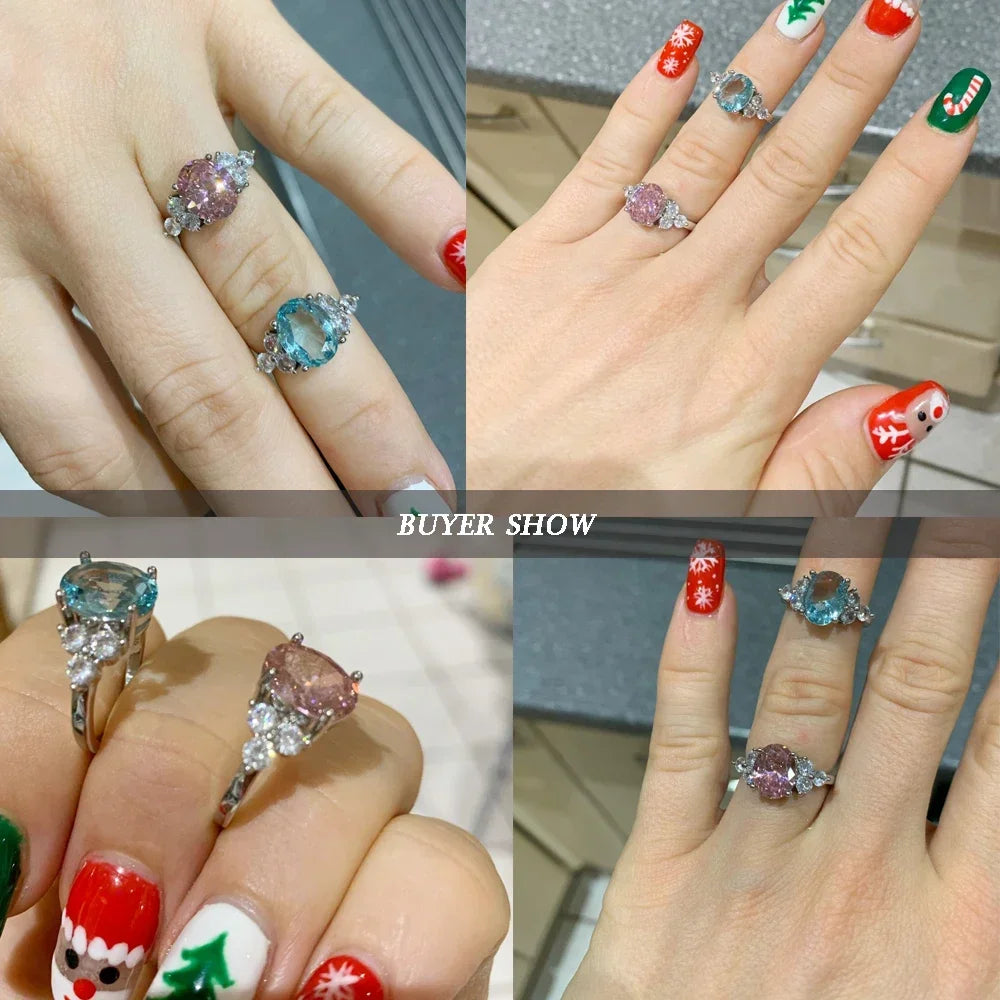 Zirkonringe aus 925er-Sterlingsilber mit weißem, rosa, hellblauem Champagner-Zirkon, ovalem Stein, Modeschmuck, Partygeschenke für Frauen