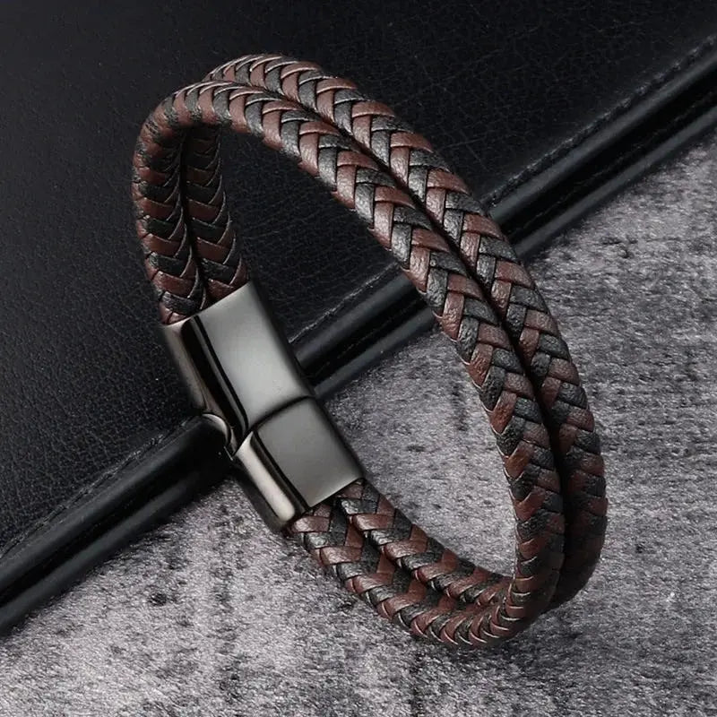 Männer Schwarz Blau Geflochtenes Echtleder Armband Doppelband Armreif