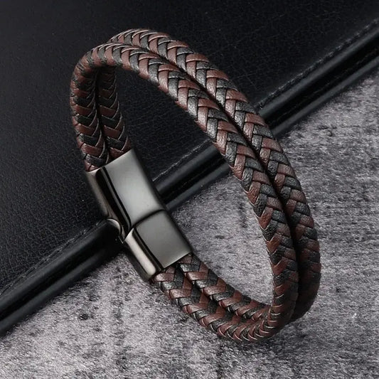 Männer Schwarz Blau Geflochtenes Echtleder Armband Doppelband Armreif