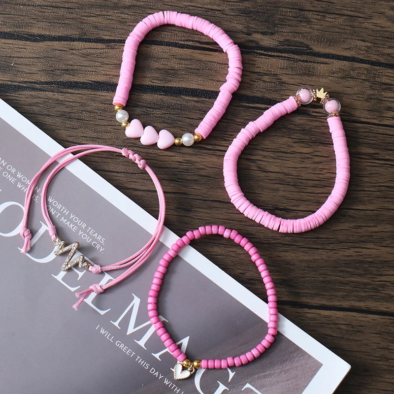 Hallo Mann 4 teile/satz rosa Serie niedlichen Krone Herz Blitz Armband Frau Geschenke beliebte Zubehör böhmischen handgemachten Set Großhandel