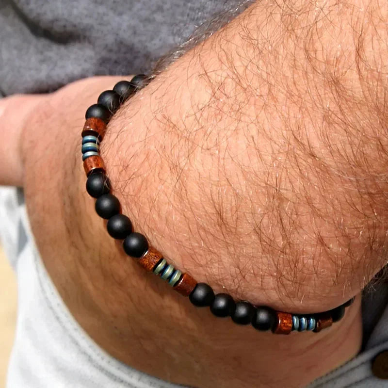 Schwarzes Onyx-Yoga-Armband mit runden Perlen und Pfeilsteinperlen für Herren