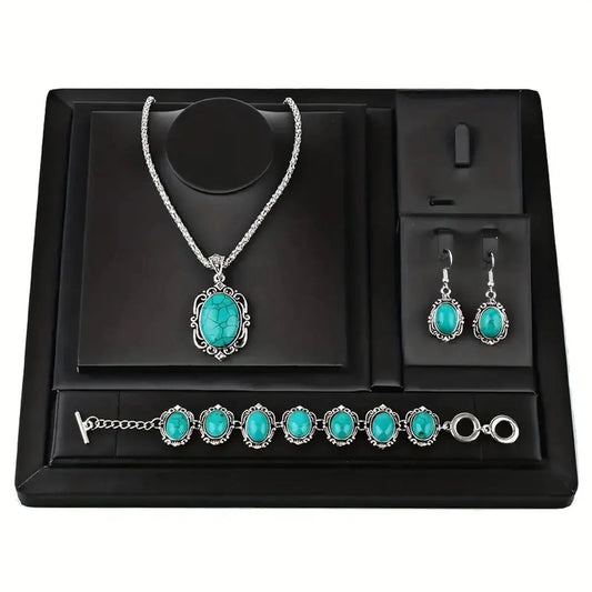3-teiliges Damen-Set im Vintage-Stil, türkisfarbenes Armband, Halskette, Ohrringe, Heilstein, Dekoration, Geschenk (ohne Box)