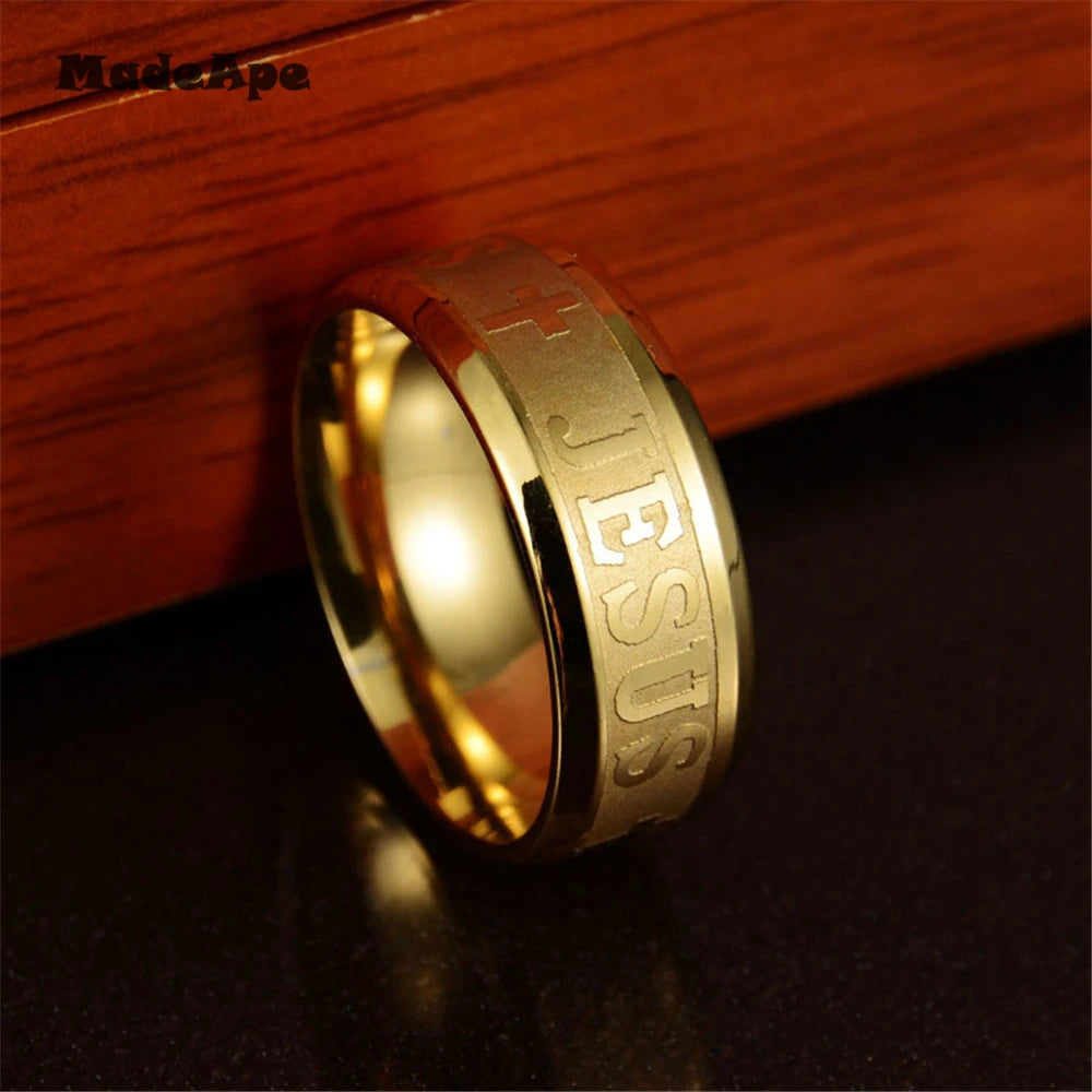 MadApe Klassischer Schmuck, 8 mm, Edelstahl, Buchstabe Bibelringe, Schwarz, Silber, Farbe, Roségold, Band, Jesus-Kreuz-Ring für Männer und Frauen