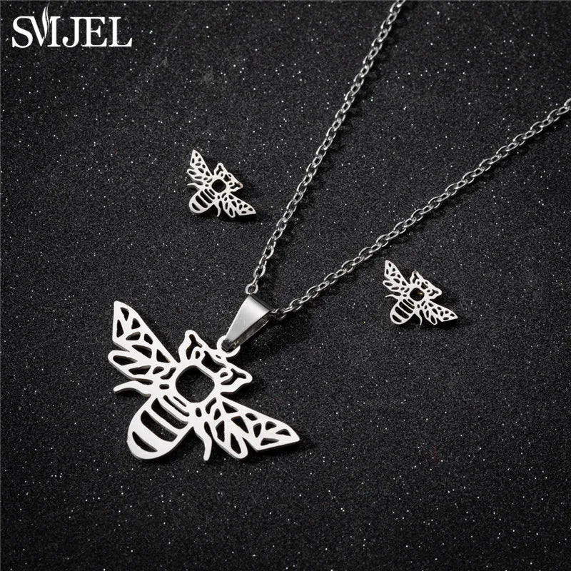 Korea Stil Edelstahl Schmetterling Schmuck Sets für Frauen Cartoon Biene Insekt Anhänger Halskette Mädchen Sommer Strand Hochzeit Geschenk