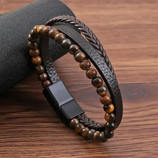 Mehrstufiger Vulkanstein oder Tigerauge-Stein plus dreilagiges Herrenarmband aus PU-Leder, Business-Freizeit-Geschenk für Männer