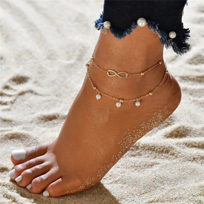 Modyle 2024 Neue Böhmen Handschellen Fußkettchen Multilayer Silber Farbe Fuß Kette Fashion Ankle Armband Für Frauen Strand Schmuck