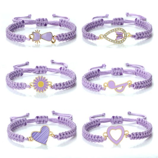Neue Frauen Seil Armbänder Hand Gewebt Lila Faden Armband Niedlichen Tier Anhänger Armband Vintage Daisy Blume Armreif Mädchen Schmuck