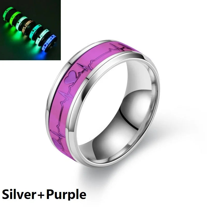Leuchtende Edelstahl-Liebesherz-Paarringe, die im Dunkeln leuchten, fluoreszierende Anillos, Ehering, Fingerringe, Zubehör