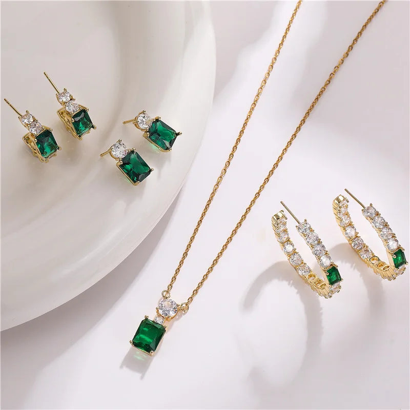 Hecheng, Schmuck Set Frauen Halskette Ohrringe Armband Ring Stud Hoop Tennis Halsreif grünen Stein Herz Hochzeits feier Luxus