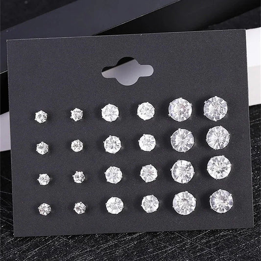 Neues 12-Paar/Packung weiß glänzendes Hochzeits-Ohrstecker-Set für Damen und Herren, Kristall-Ohrringe, Schmuck, Accessoires, Geschenke