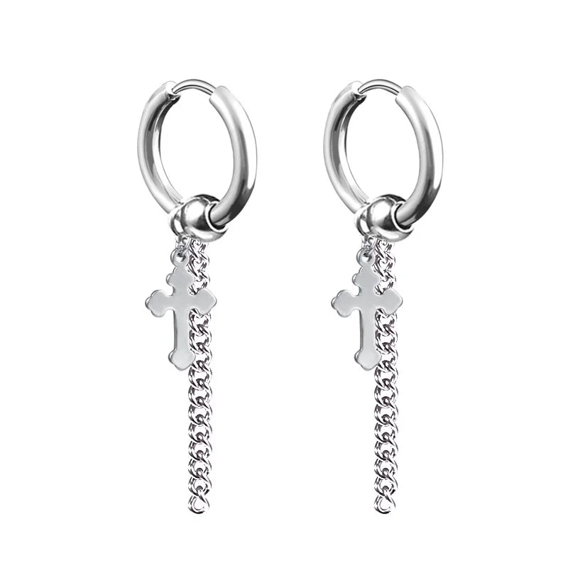 Neueste 1 Paar Edelstahl Kreuz Anhänger Baumeln Lange Quaste Unisex Creolen Männer/Frauen Punk Gothic Schmuck Beste Geschenke