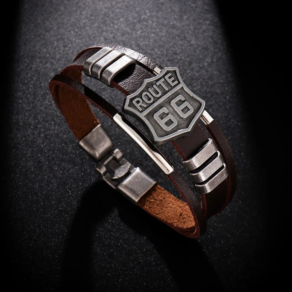 Neues trendiges amerikanisches Route 66-Armband mit bedrucktem Muster, Herrenarmband, Metall, mehrschichtiges Lederarmband, Zubehör, Party-Schmuck