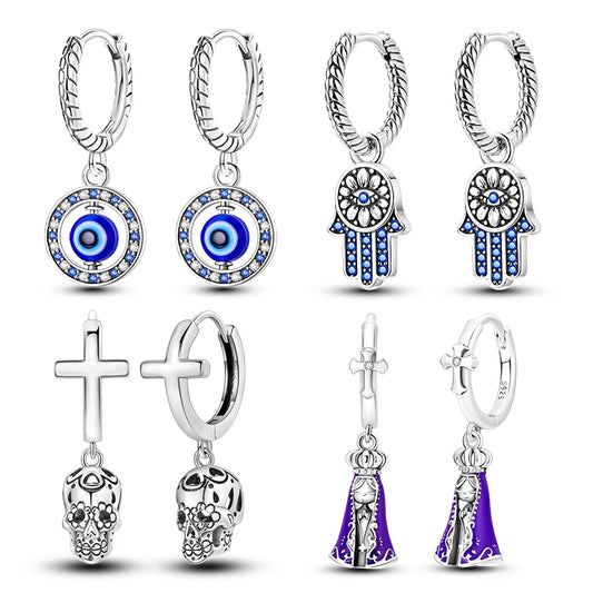 Original 925 Sterling Silber Hand von Fatima Blue Eye of Evil Creolen Kreuz Eardrop Ohrringe für Frauen Geschenk