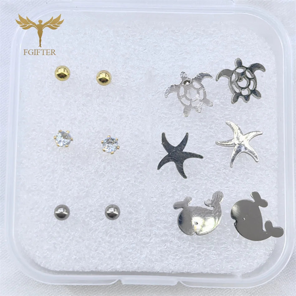 6-teiliges süßes Meeresschildkröten-Seestern-Wal-Ozean-Tier-Ohrring-Set aus Edelstahl, Ohrstecker, Modeschmuck, Mädchen-Geschenke