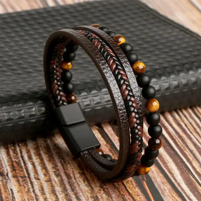 Jiayiqi Leder Armband Männer Punk Hip Hop Metall Charme Tigerauge Stein Perlen Multi-Schicht Armband Für Männer Mode schmuck Geschenk