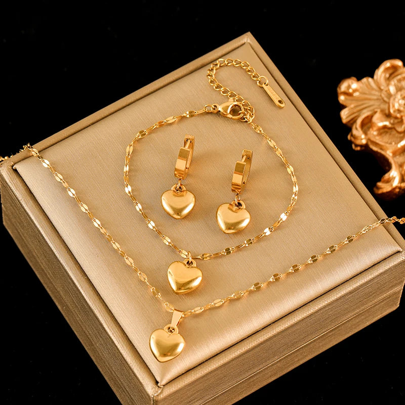 EILIECK 316L Edelstahl Herz Liebe Halskette Armbänder Ohrringe Set Für Frauen Neue Trendy 18K Gold Überzogene Wasserdichte Schmuck