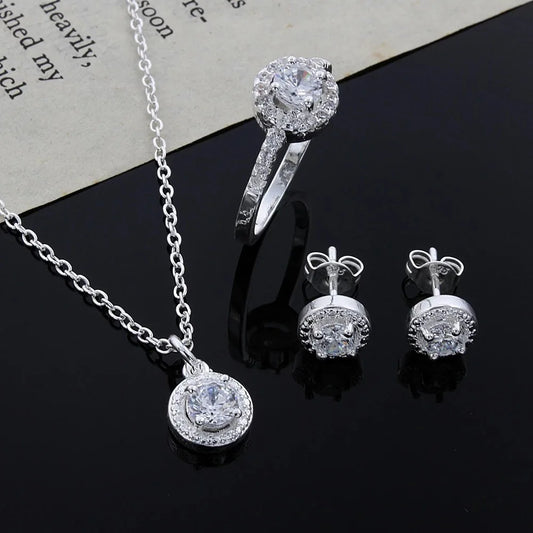 Zirkon Kristall Silber Schmuck Halskette Ring Ohrringe Set dreiteiligen Set Schmuck