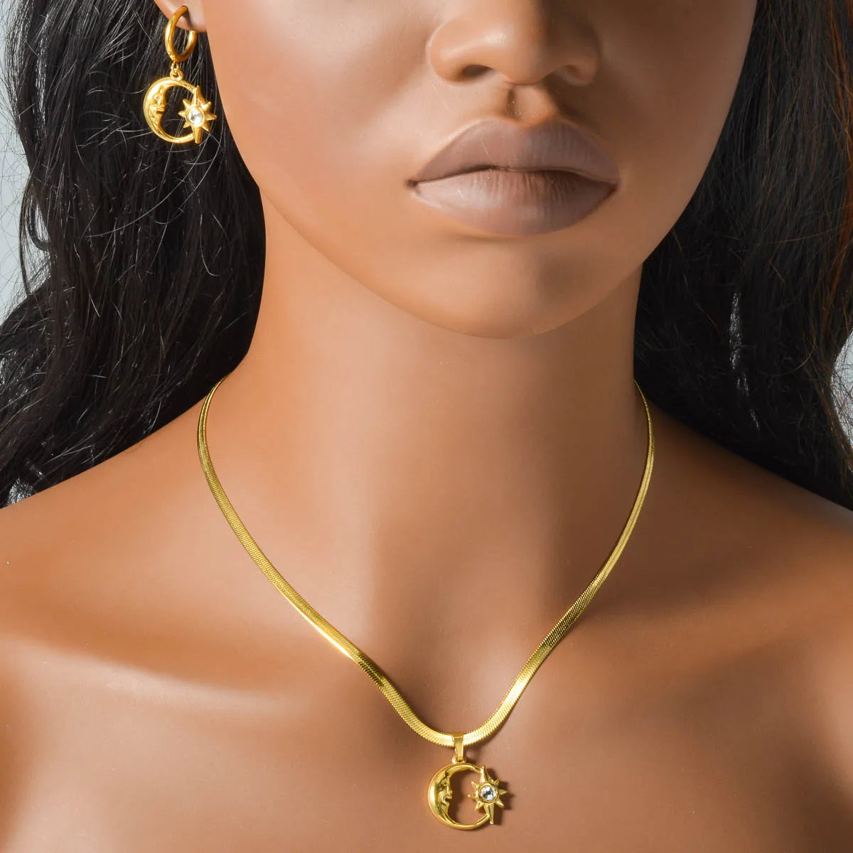 Trend Mond Sterne Hohl Anhänger Edelstahl Halskette Ohrringe Set Für Frauen Fashion Party 18K Gold-Überzogene Schmuck Set geschenk